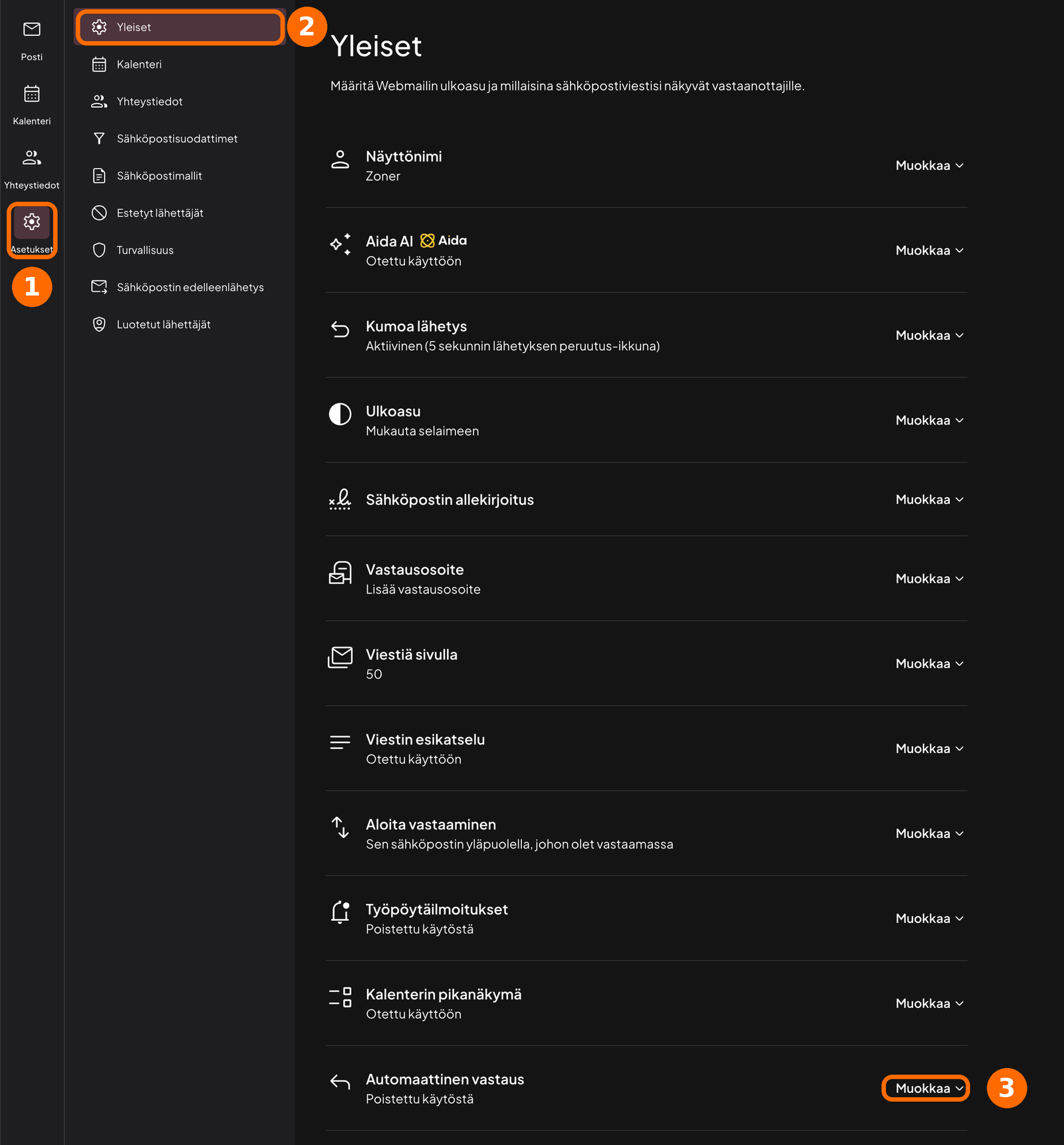 Webmailin asetukset: 1 = vasemman reunan Asetukset, 2 = Yleiset, 3 = Automaattinen vastaus -rivin Muokkaa.