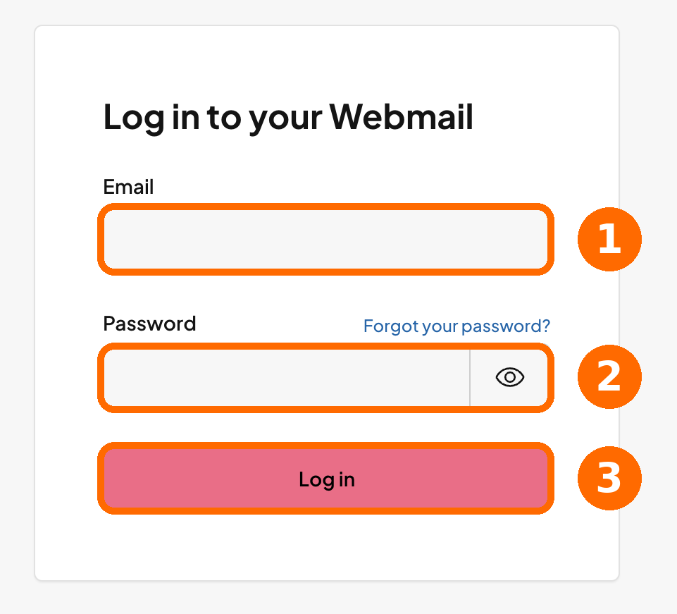 Webmailin kirjautumissivu: 1 = sähköpostiosoitteen kenttä, 2 = salasanakenttä, 3 = kirjautumispainike.